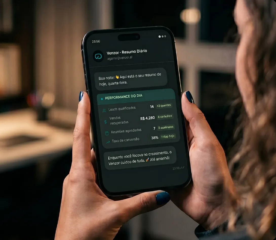 Gestora recebendo o resumo diário do Venzor no WhatsApp, com leads, vendas e reuniões do dia.